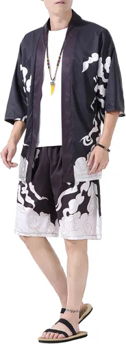 Miniatura 5 de PRIJOUHE Conjunto de kimono de estilo japonés para hombre, ligero, casual, con siete mangas, frente abierto, cárdigan y pantalones cortos