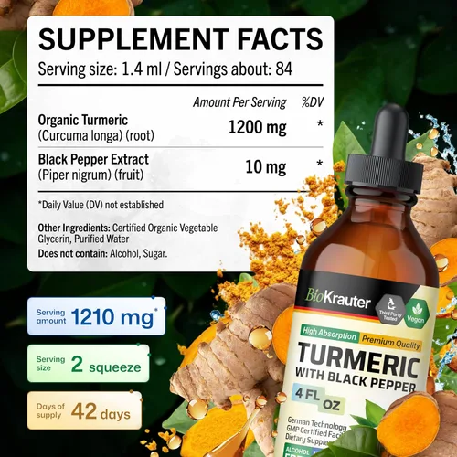 Miniatura 4 de BIO KRAUTER® Suplemento de cúrcuma para el apoyo de la movilidad, curcumina vegana pura con pimienta negra, 4 onzas líquidas, 42 días de suministro