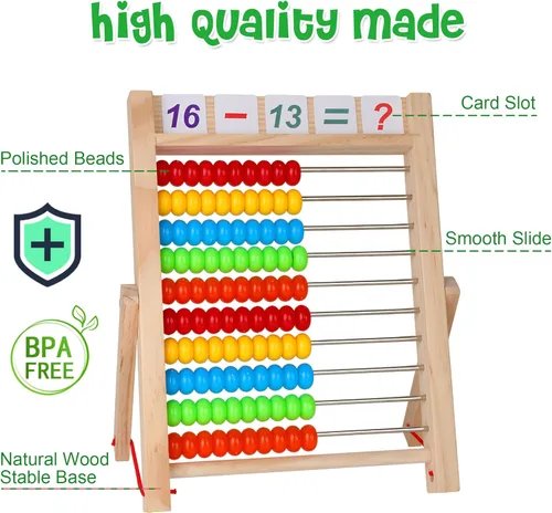 Miniatura 6 de WOODMAM Ábaco de Madera para Matemáticas de Niños, Juguete Educativo de Conteo con Palos de Contar y Tarjetas de Números y Alfabeto, Juguetes