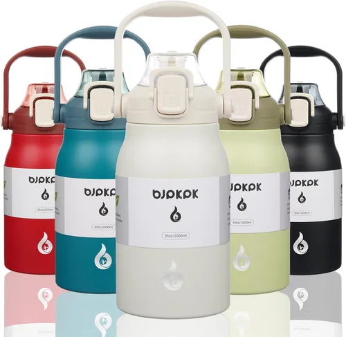 Miniatura 8 de BJPKPK - Botellas de agua aisladas con pajita, botellas de agua bonitas de 27 oz con asa, jarra de metal de acero inoxidable sin BPA, frascos 27 oz