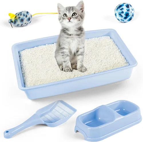 Miniatura 3 de PAWISE Juego de 5 piezas de caja de arena para gatos recién nacidos, bandeja de arena para gatos poco profundos, cuencos de alimentación, kit de Azul