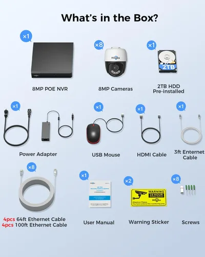 Miniatura 9 de Sistema de cámaras de seguridad Hiseeu 4K PoE [Vista 4K+360°], 8 piezas de cámara PTZ PoE de 8MP con cable para exteriores, detección de personas