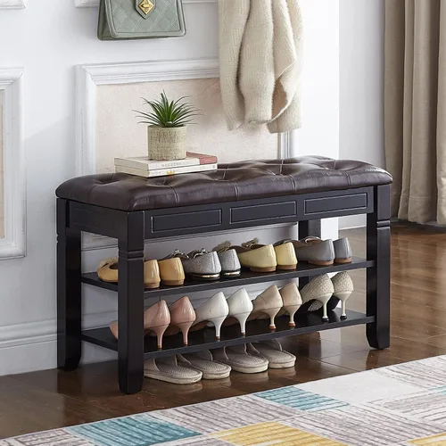 Miniatura 11 de Banco de almacenamiento de zapatos con cojín, banco de entrada con banco de almacenamiento de madera maciza para zapatos, ideal para entrada, sala