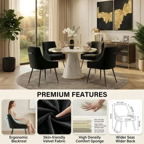 Miniatura 5 de Juego de 2 sillas de comedor de terciopelo, sillas tapizadas beige para sala de estar con patas de metal negro, sillas decorativas modernas