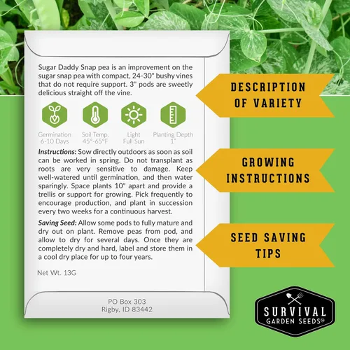 Miniatura 2 de Survival Garden Seeds Oregon Sugar Pod II Pea & Sugar Daddy - Colección de semillas de guisantes sin OMG para cultivar deliciosas verduras de clima