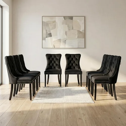 Miniatura 102 de OVENTA Juego de 4 sillas de comedor modernas tapizadas copetudas, terciopelo negro y gris y cuero con patas de madera maciza, sillas de cocina
