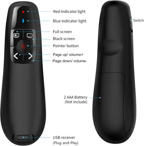 Miniatura 8 de Clicker de presentación inalámbrico para Google Slides: alcance de 100 pies Puntero rojo ultra brillante de 656 pies Funciona con pilas - Plug &