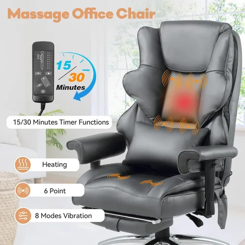 Miniatura 5 de Silla de oficina de masaje con reposapiés, silla de oficina ergonómica con calefacción ejecutiva con respaldo reclinable, brazos ajustables y Gris