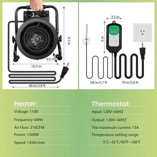 Miniatura 5 de Calentador de invernadero con termostato, tamaño grande, calentador eléctrico de 1500W, calentamiento rápido, protección contra sobrecalentamiento