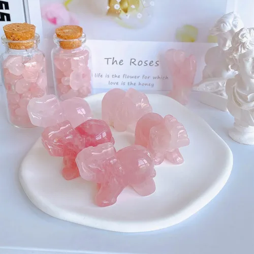 Miniatura 7 de Decoración de elefante de cuarzo rosa, cristales rosados, piedras curativas, figura de bolsillo, estatua de cristal natural, escultura tallada a