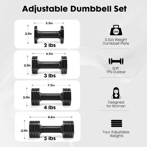 Miniatura 4 de EQUIPRO Adjustable Dumbbell Set, 4 in 1 Free Weights Dumbbells Set for Women, Weights for Women at Home, 2lb 3lb 4lb 5lb with TPU Soft Rubber Handle