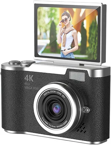 Cámara digital 4K para fotos, cámara retro portátil con pantalla abatible, cámara retro compacta para exteriores (negro, 1 juego)