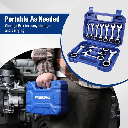 Miniatura 6 de WORKPRO Juego de 12 llaves de trinquete rechonchas, métricas de 0.315-0.748 in, 72 dientes, acero Cr-V, juego de llaves combinadas de trinquete