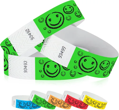 Miniatura 7 de 200 pulseras Tyvek de Wristco con cara sonriente amarilla para eventos, ¾ x 10 pulgadas, impermeables, reciclables, cómodas, resistentes a Amarillo