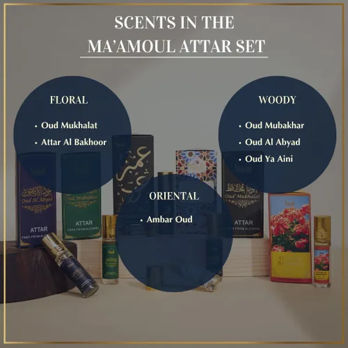 Miniatura 3 de Oud Bakhoor - Caja variada con quemador y aceite Ma'amoul Attar Set - 6 botellas x 0.2 fl oz