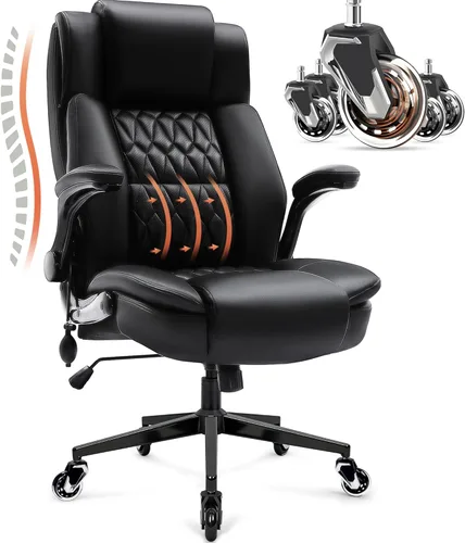 Miniatura 9 de Silla de oficina grande con respaldo alto, soporte lumbar ajustable, brazos abatibles, ruedas silenciosas resistentes, base de metal, cuero Caqui