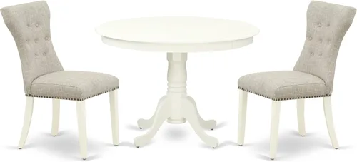 East West Furniture HLGA3-LWH-35 - Juego de mesa de comedor de 3 piezas contiene una mesa de cocina redonda con pedestal y 2 sillas de comedor