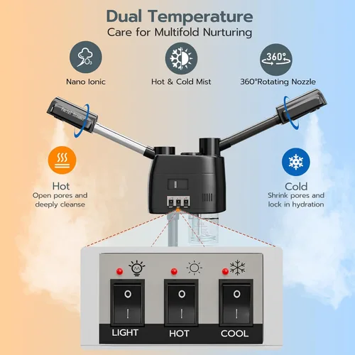 Miniatura 2 de Paddie Vaporizador facial profesional 3 en 1 sobre ruedas para esteticista, niebla fría y caliente, lámpara de aumento LED 5X, color negro