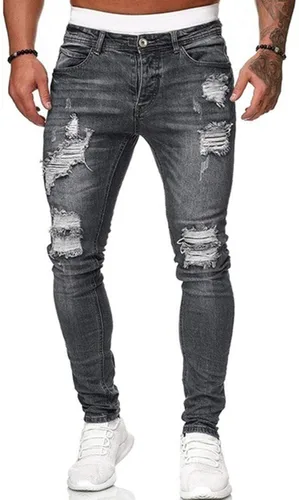 Miniatura 2 de PETCDIM Jeggings elásticos destruidos para hombre, ajustados, rasgados, diseño de moda, ropa de calle, pantalones de mezclilla rectos desgastados