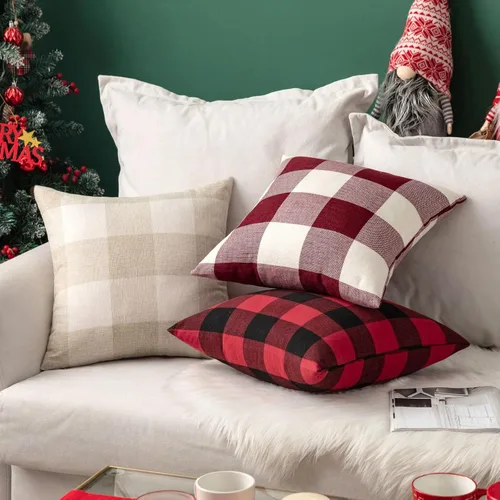 Miniatura 2 de MIULEE - Paquete de 2 fundas de almohada decorativas clásicas de Navidad de lino y poliéster a cuadros de granja, color negro sólido y rojo