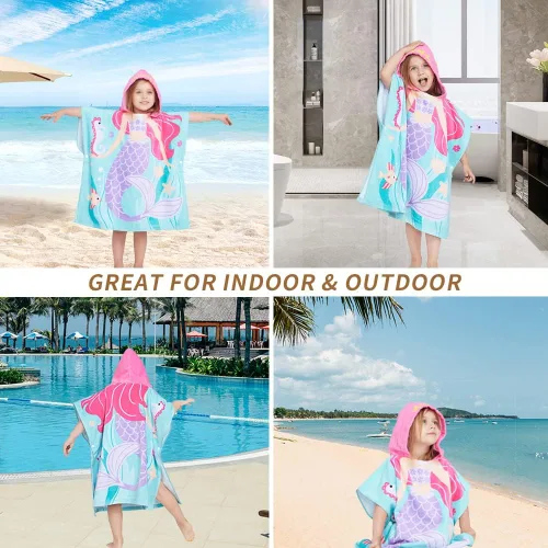Miniatura 6 de Gealaek Toalla con capucha 100% algodón para niños de 2 a 6 años, toalla de playa para piscina, toalla de playa, suave y absorbente, poncho de playa