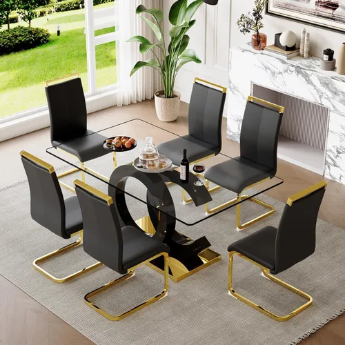 Miniatura 21 de gopop Mesa de comedor de cristal de 63 pulgadas, mesa de cocina moderna, mesa de comedor de vidrio transparente con patas de diseño único negro