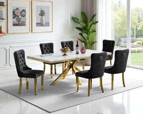 Miniatura 16 de Juego de mesa de comedor de mármol para 6, mesa de cocina rectangular de mármol blanco de 70 pulgadas con patas en X de acero inoxidable dorado