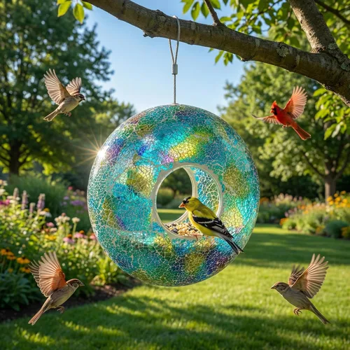 Miniatura 5 de DUSVALLY Comedero colgante para pájaros, comedero redondo para pájaros silvestres, diseño de mosaico de vidrio degradado azul y morado, 9 pulgadas