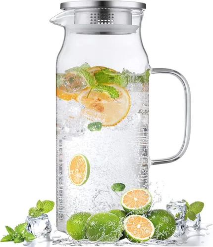 Bivvclaz Jarra de vidrio de 2 litros y 68 onzas con tapa y asa, jarra de vidrio para agua caliente/fría, jarra grande de té helado para café, jugo y
