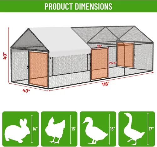 Miniatura 2 de NUGRIART Gallinero de metal con cubierta impermeable, jaula portátil de 118 x 40 x 40 pulgadas, para gallineros y gallineros para pollos, patos