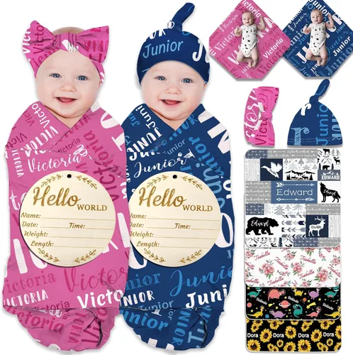 Miniatura 16 de Manta de bebé personalizada para niña y niño, manta de recepción con nombre personalizado con diadema de lazo y sombrero, regalos personalizados