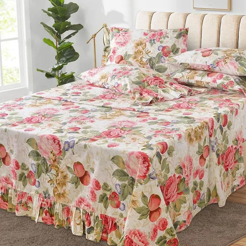 Miniatura 10 de ABREEZE Juego de sábanas con estampado floral beige, juego de ropa de cama bohemio, juego de ropa de cama de lujo de 4 piezas, medallón de damasco