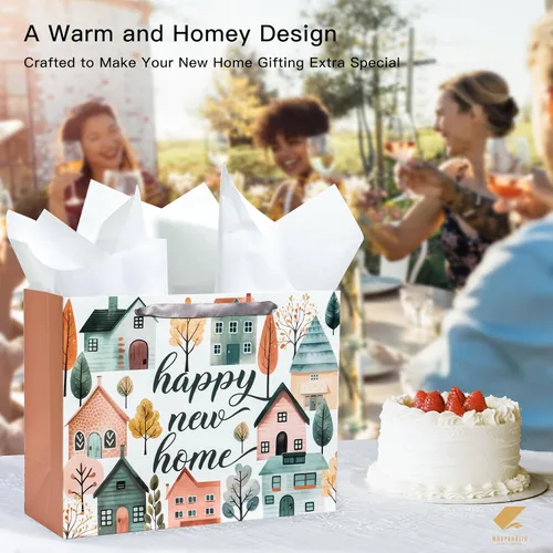 Miniatura 7 de WRAPAHOLIC Bolsa de regalo de 13 pulgadas con tarjeta y papel de seda, bolsas de papel de diseño Greeny House para inauguración de la casa, regalo