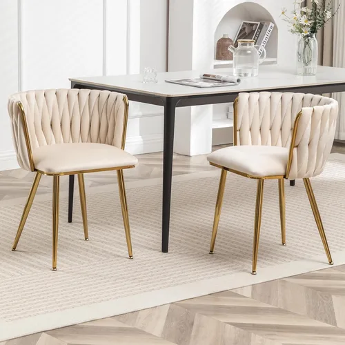 Miniatura 2 de ECHINGLE Juego de 2 sillas de comedor de terciopelo, modernas sillas de comedor tejidas tapizadas con patas de metal dorado, sillas decorativas