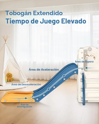 Miniatura 7 de BIERUM Tobogán para niños, juego de 6 en 1 para interiores y exteriores con aro de baloncesto, juego de golf y telescopio, juego de tobogán y Azul
