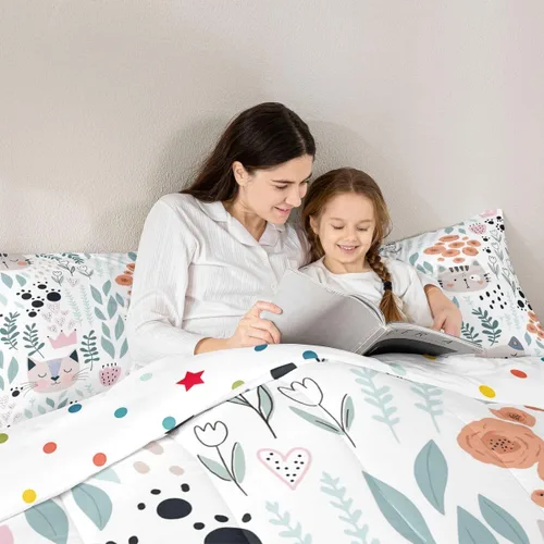 Miniatura 6 de Juego de ropa de cama tamaño individual para niñas y niños, juego de edredón de dibujos animados de animales y gatos, decoración de habitación