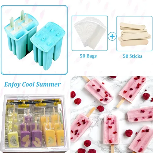 Miniatura 3 de Moldes de silicona para paletas con palillos, 6 cavidades, molde para helado con cepillo limpio, 6 palitos reutilizables, 50 palitos, 50 bolsas, Azul