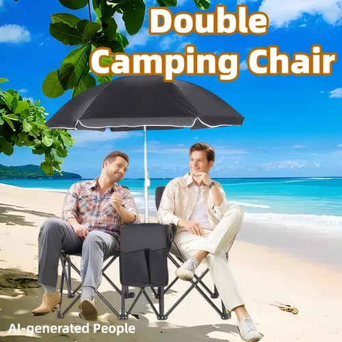 Miniatura 6 de Double Camping Chair with Canopy, with Cup Holder and Side Storage Pockets, for Beach, Camping and Fishing (Black)