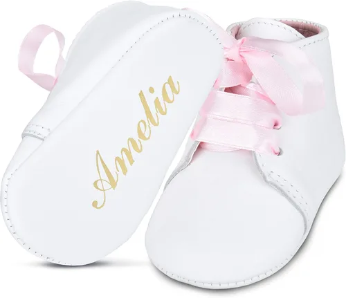 BabyShoe - Zapatos de bautizo personalizados para niña Bautismo revelación de género suave recién nacido con cordones rosa recién nacido con nombre