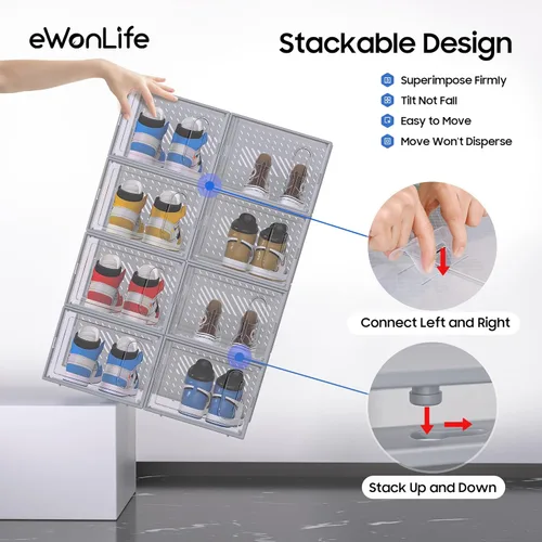 Miniatura 5 de eWonLife Caja Organizadora de Zapatos Grande con Puerta Magnética, Juego de 12 Contenedores Apilables de Plástico Transparente para Zapatos, Conecta