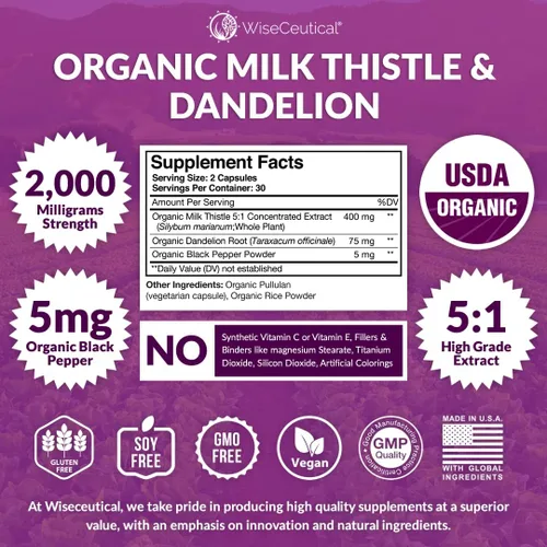 Miniatura 2 de Max Absorption USDA Organic Milk Thistle Potente 5:1 Extracto concentrado (2000 mg de fuerza) y raíz de diente de león orgánica Flavonoide