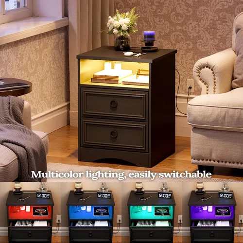 Miniatura 5 de LGHM Juego de 2 mesitas de noche con tira de luces de estación de carga, mesita de noche grande con 2 cajones, mesa auxiliar de cama decorativa