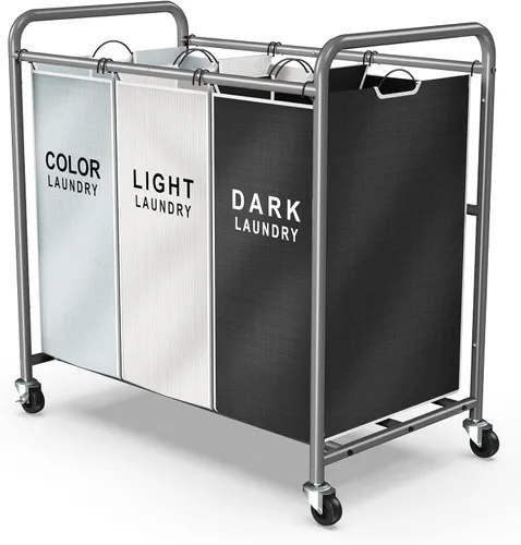 Miniatura 9 de ROMOON Clasificador de ropa resistente de 3 compartimentos, cesta con forro extraíble y ruedas, organizador que ahorra espacio para lavandería, Negro