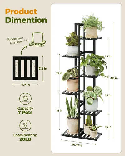 Miniatura 2 de Bamworld Soporte de bambú para plantas de interior con 6 niveles, estante de plantas de exterior, soporte de esquina para múltiples plantas, soporte