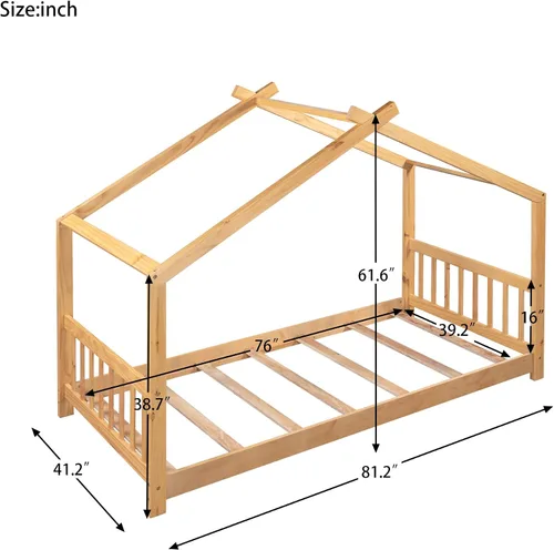 Miniatura 2 de Cama de casa de tamaño individual, cama de plataforma individual con cabecero y estribo, diseño de techo, muebles de dormitorio, natural