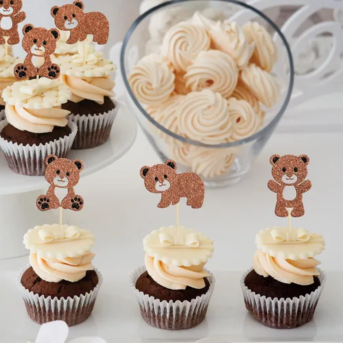 Miniatura 5 de Gyufise 24 piezas de decoración de fiesta de cumpleaños de oso para baby shower, We Can Bearly Wait Cupcake Toppers Decoración de mesa, accesorios