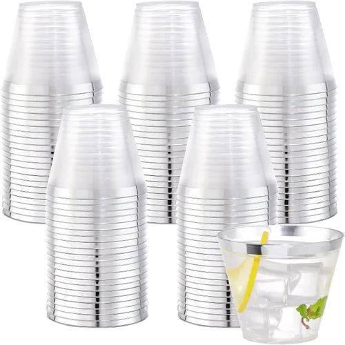 WELLIFE 120 vasos de plástico desechables plateados, vasos de plástico transparente de 9 onzas, vasos de vino desechables para fiestas H-Llanta