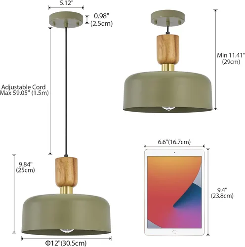 Miniatura 4 de Iluminación colgante contemporánea, lámpara colgante de 12 pulgadas, acento de madera y latón, lámpara colgante de metal ajustable para cocina