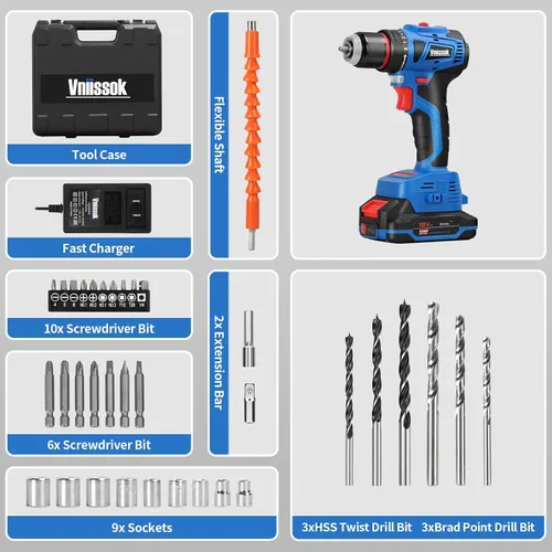 Miniatura 5 de Vniissok Juego de taladro inalámbrico, destornillador de impacto eléctrico sin escobillas de 18 V con batería y cargador, portabrocas sin llave