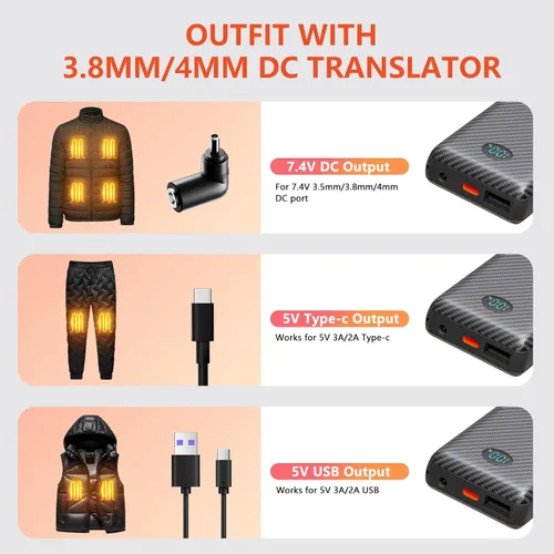Miniatura 4 de Paquete de 2 baterías de 5 V 2A/3 A para chaleco calentado, batería externa de 12000 mAh para ropa calentada con pantalla LED con puerto de 7.4 V CC